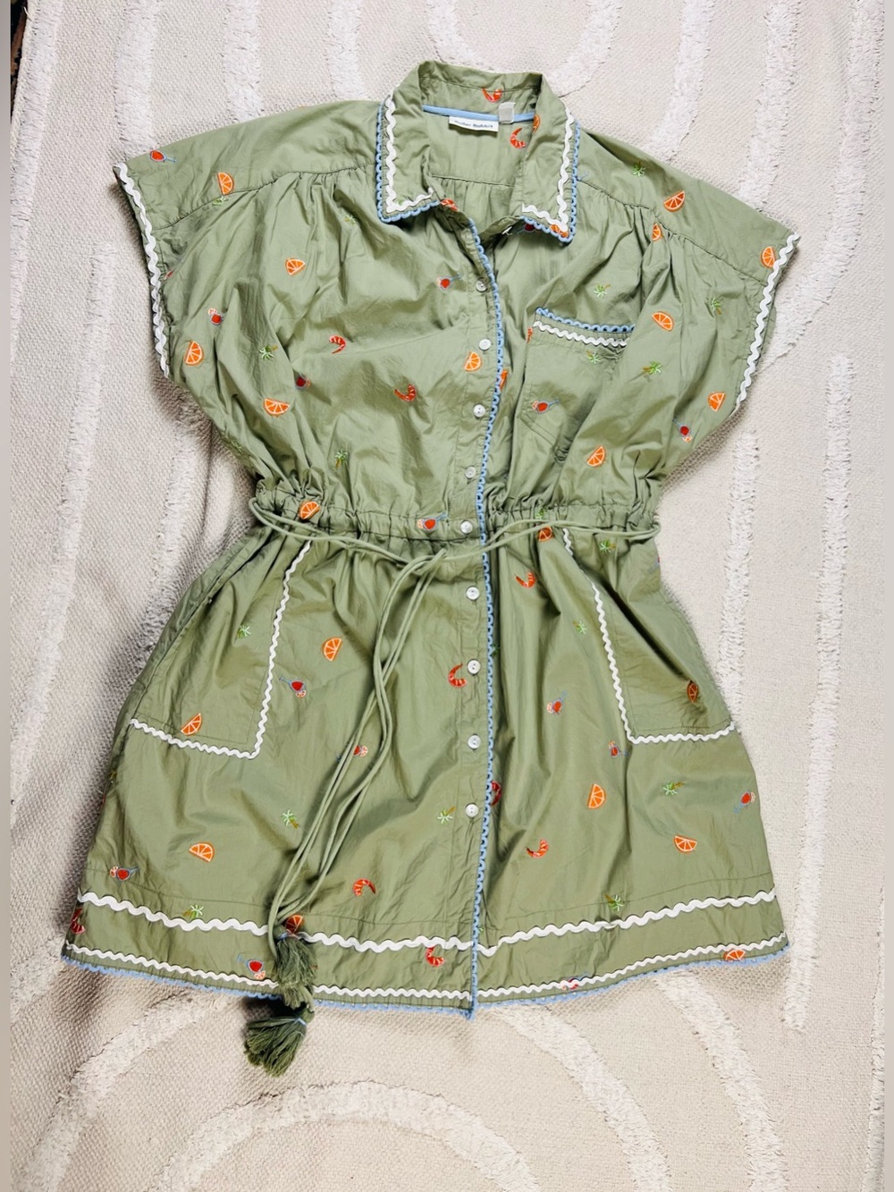 Roller Rabbit Ocaso Ellyott Dress – Olive Embroidered Shirt Dress –100% Cotton L - Picture 1 of 15